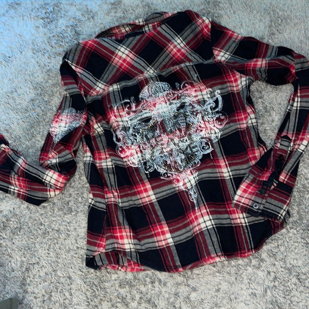 Plaid Red Button down size M with rhinestones